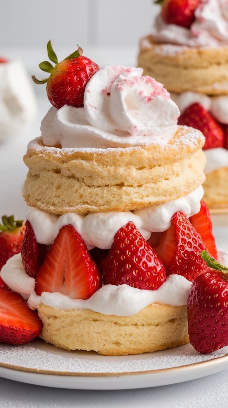 A gourmet strawberry shortcake layered with fresh strawberries and whipped cream.