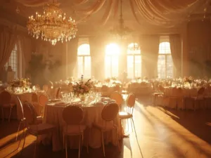 Luxurious grand ballroom during golden hour with sunlight streaming through Georgian windows, crystal chandeliers, silk-draped tables, and cherry blossom centerpieces.