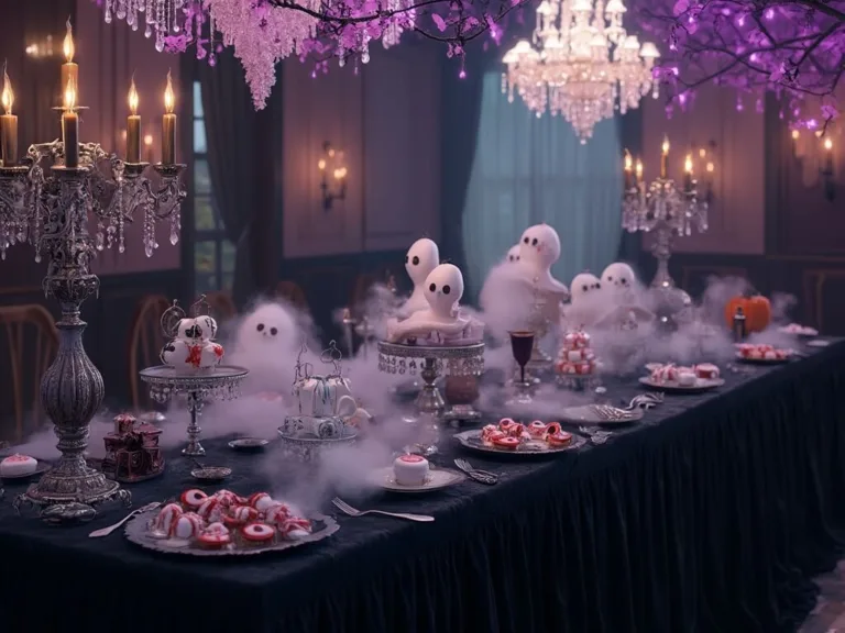 A hyperrealistic Victorian-style dessert table set in a dimly lit dining room, adorned with ghost-themed treats and dramatic decor, including black velvet drapes, silver candelabras, candy eyes, dry ice fog, and purple fairy lights.