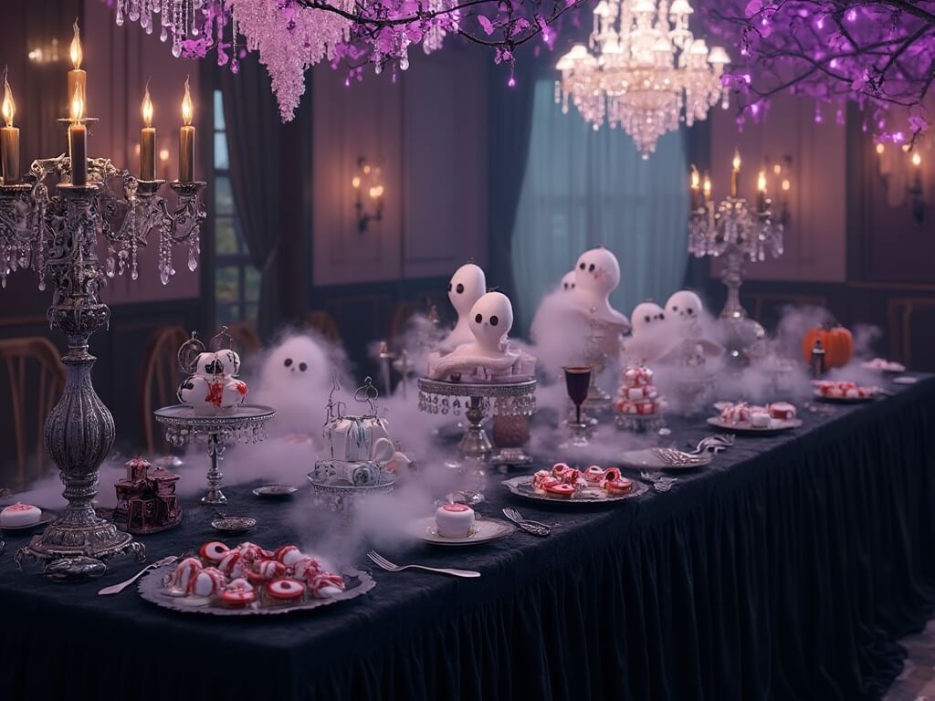 A hyperrealistic Victorian-style dessert table set in a dimly lit dining room, adorned with ghost-themed treats and dramatic decor, including black velvet drapes, silver candelabras, candy eyes, dry ice fog, and purple fairy lights.