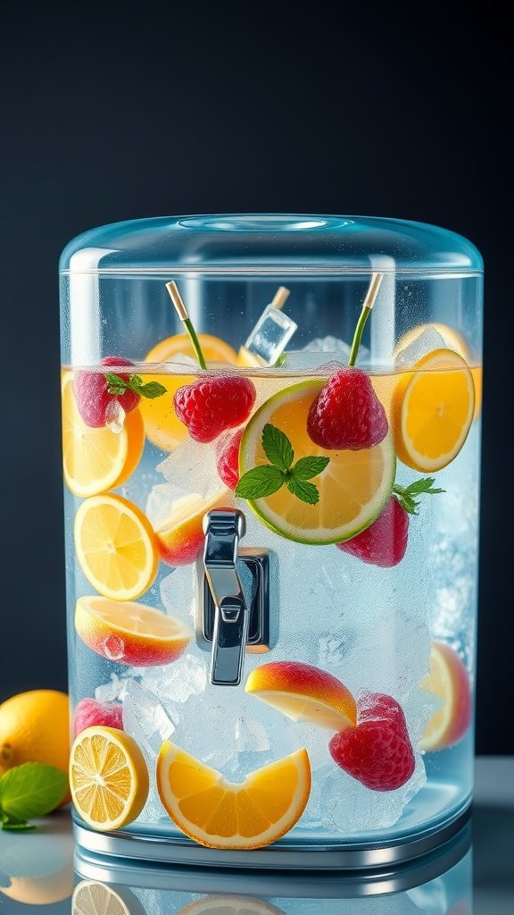A refreshing icy blue drink dispenser filled with lemon slices, raspberries, and mint leaves, surrounded by ice.