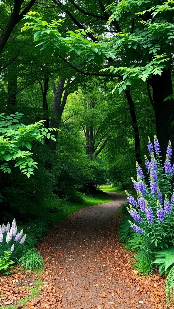 A serene path through a lush green forest with blooming flowers. birthday phone wallpaper