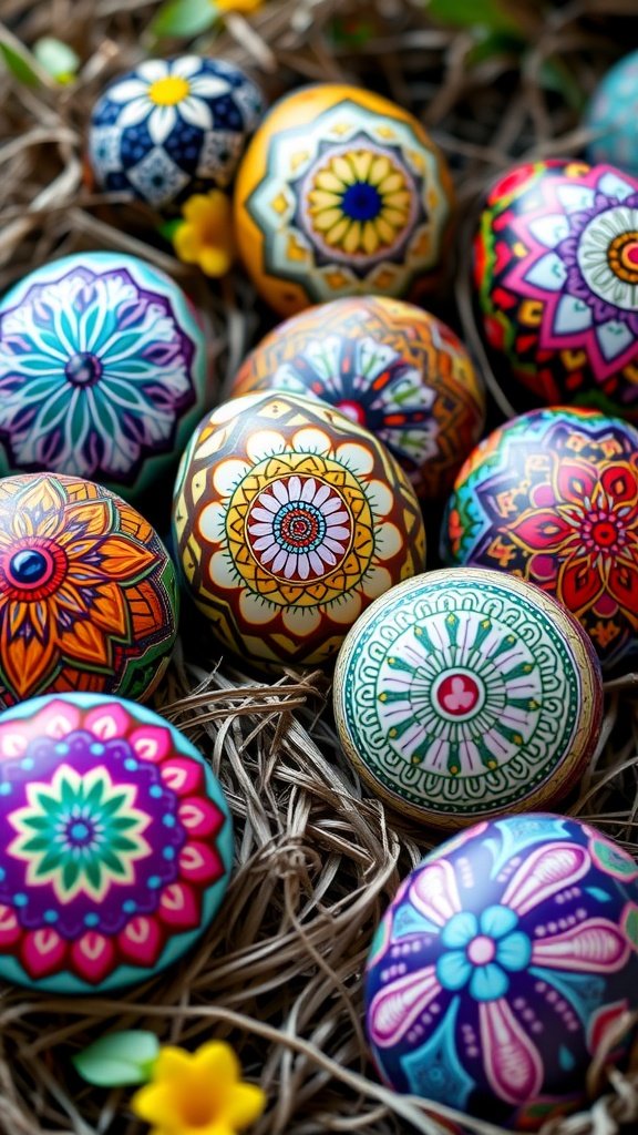 Colorful mandala decorated Easter eggs on a bed of straw.