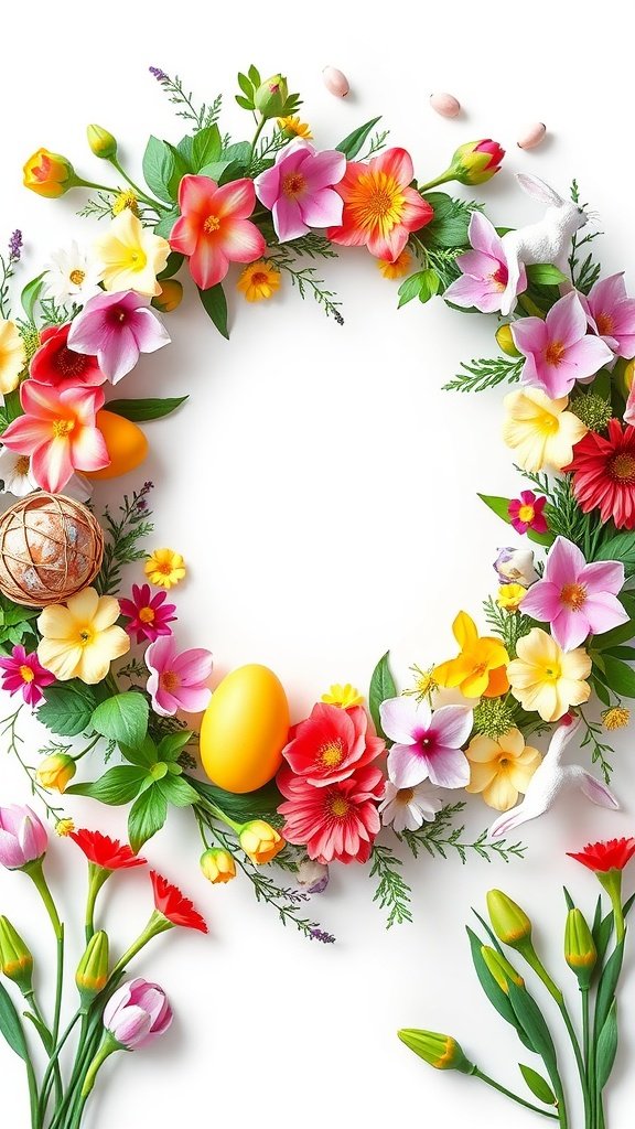 A colorful floral wreath with Easter eggs and a bunny, symbolizing spring and joy.