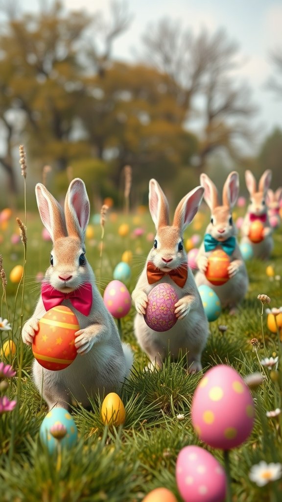 A cheerful parade of rabbits holding colorful Easter eggs in a vibrant grassy field.