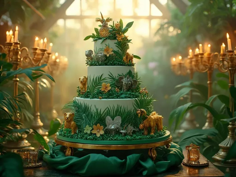 A luxurious jungle-themed cake with handcrafted fondant animals and sugar foliage in a grand Victorian conservatory during golden hour.
