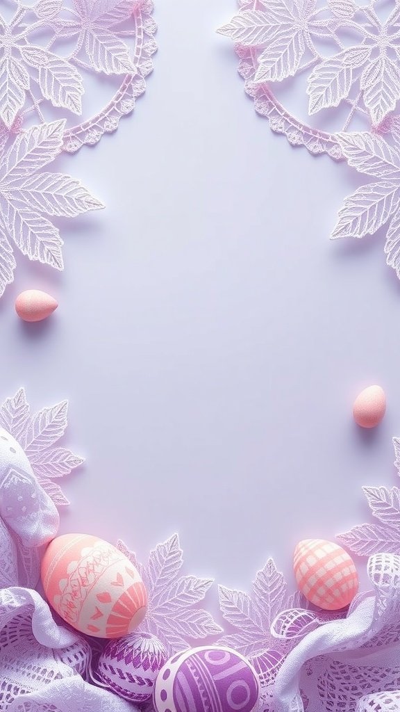 A soft lavender background with lace trim and decorated Easter eggs.