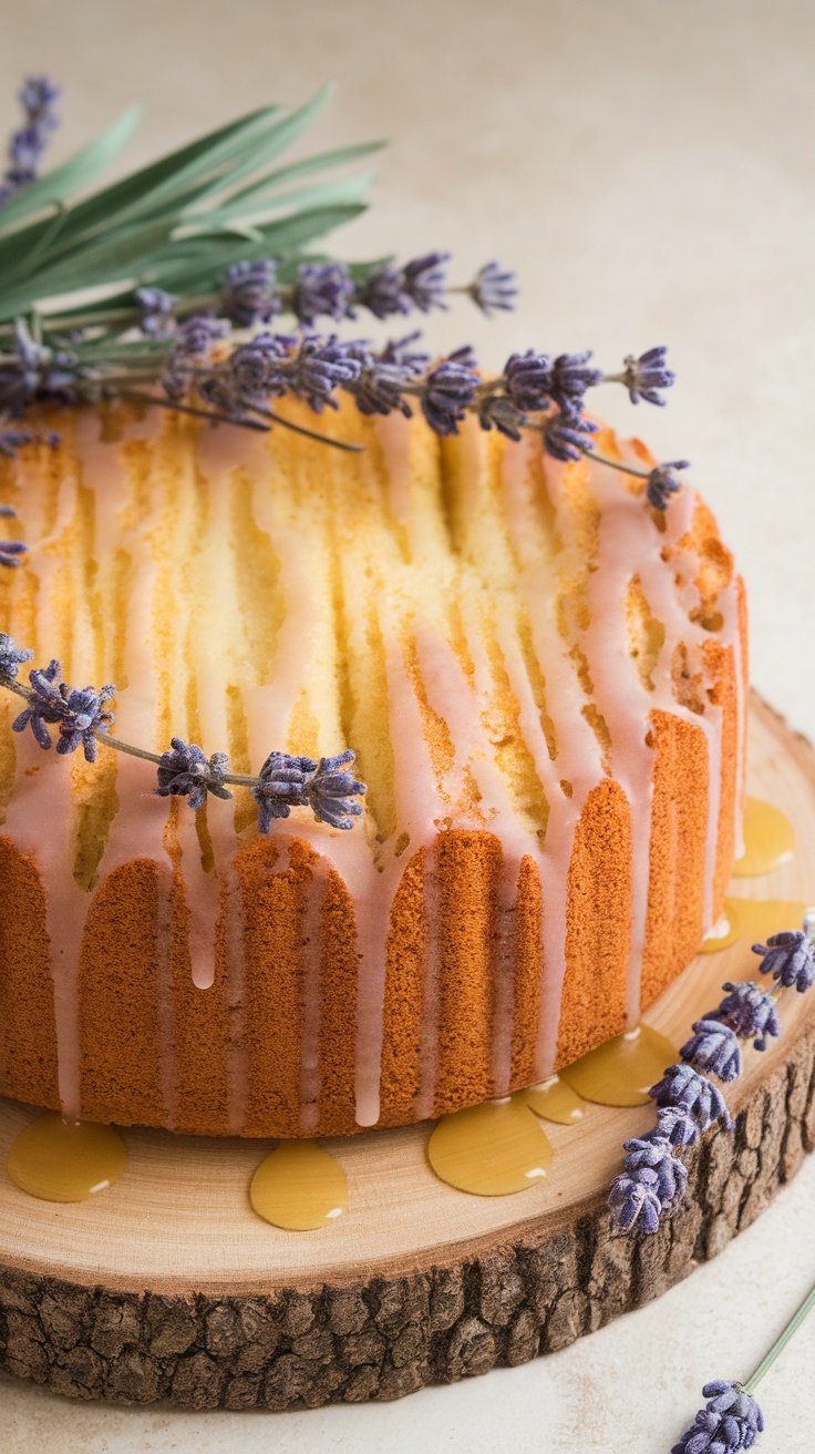 A beautifully decorated Lavender Lemon Drizzle Cake with lavender flowers on top. birthday cakes for women 