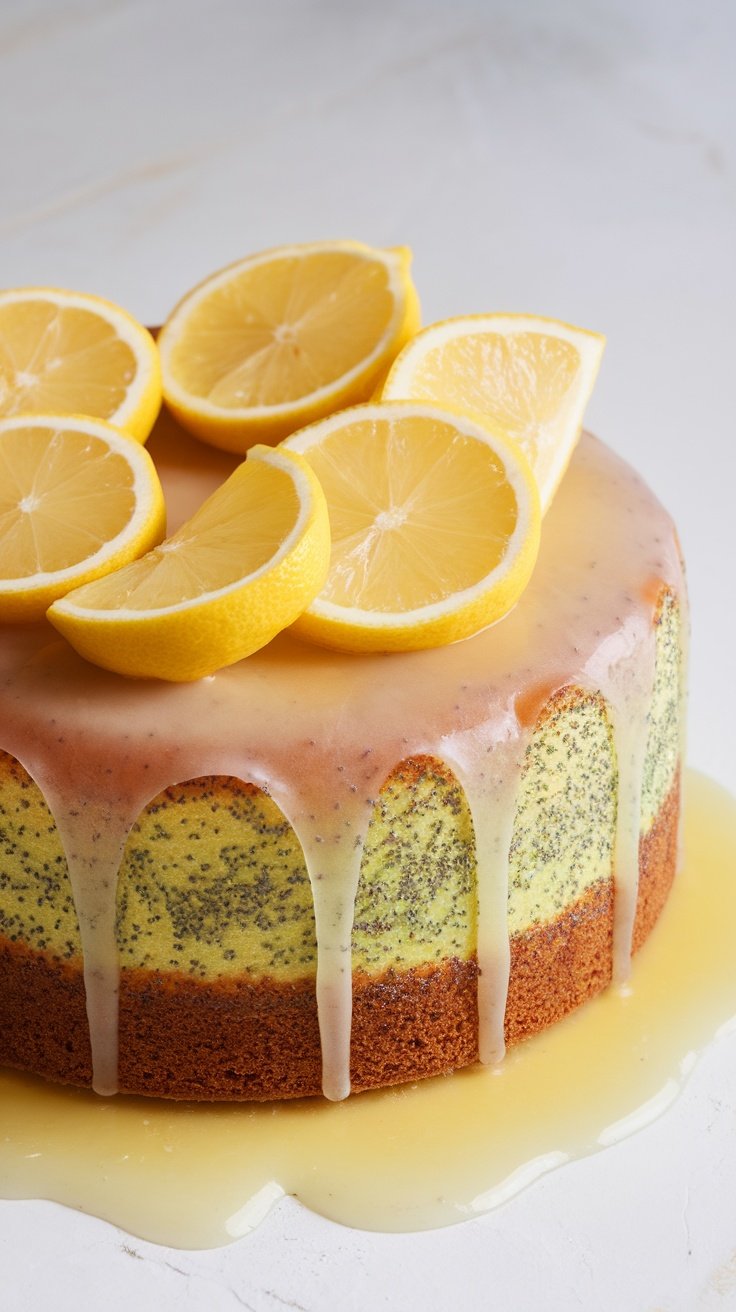 Lemon poppy seed cake with lemon slices on top