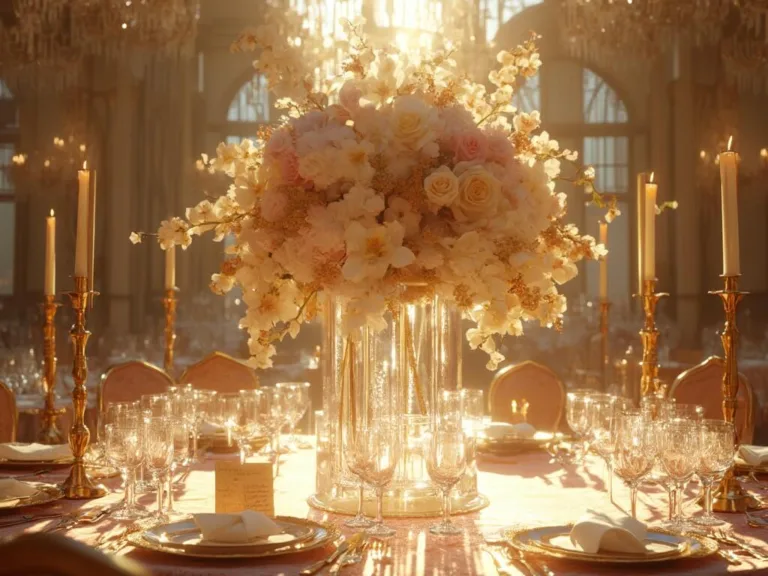 A luxurious ballroom table centerpiece with a towering crystal vase of peonies, roses, and orchids, surrounded by brass candlesticks, crystal wine glasses, gold-rimmed plates, and delicate gold-leaf place cards, all bathed in golden hour sunlight streaming through large windows.