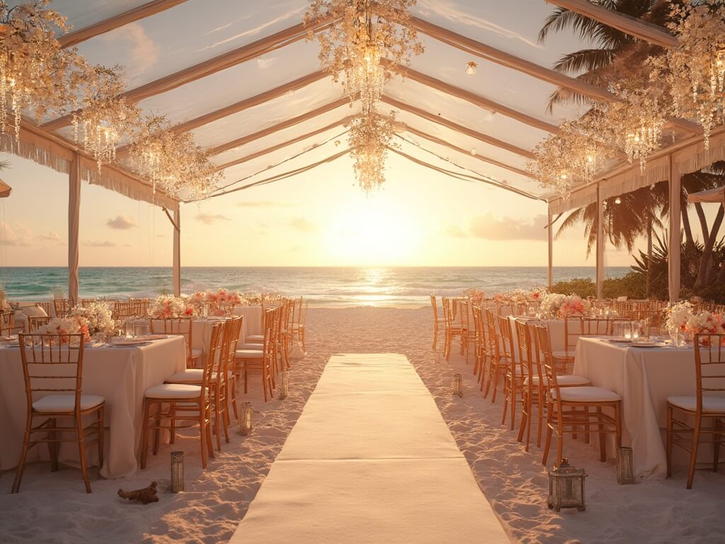 Elegant beachfront wedding reception at sunset with a clear-top tent, white orchids, crystal chandeliers, and coral centerpieces on silk-draped tables, set against an ocean view and vibrant sky.