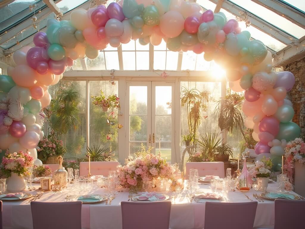 A sunlit conservatory transformed into a whimsical birthday party with pastel linens, a rainbow balloon arch, unicorn-themed centerpieces, fairy lights, a princess dress-up corner, a mermaid dessert table, and a magical photo backdrop.