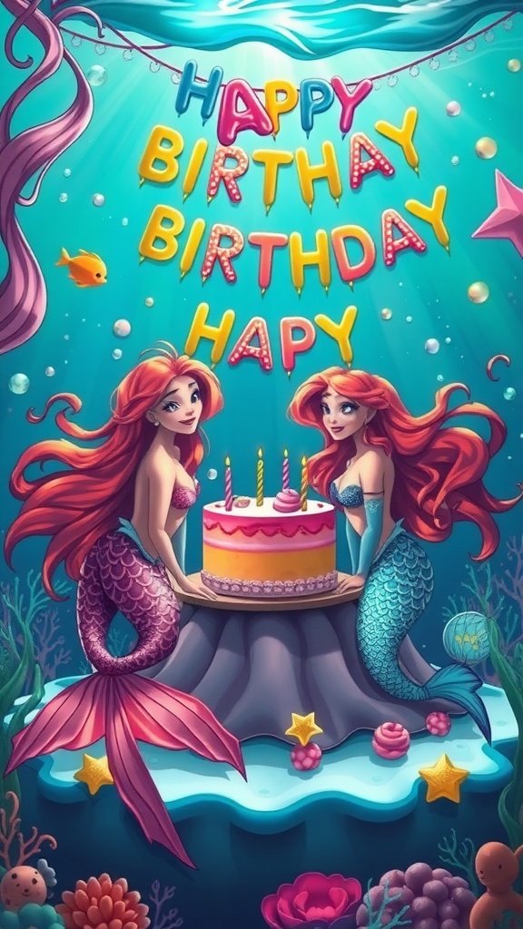 Colorful mermaids celebrating a birthday with a cake underwater