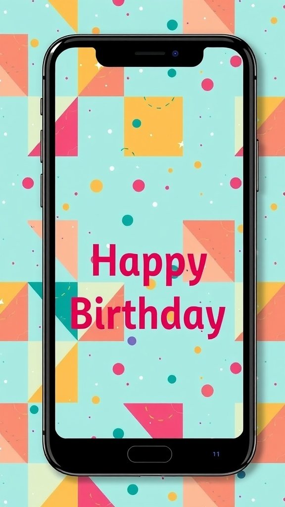 A phone displaying a colorful birthday wallpaper with geometric shapes and the text 'Happy Birthday'.