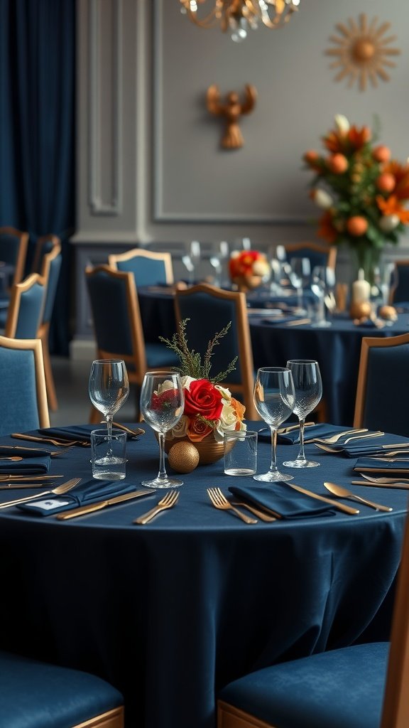 Elegant table setting with navy tablecloth, gold cutlery, glassware, and floral centerpiece