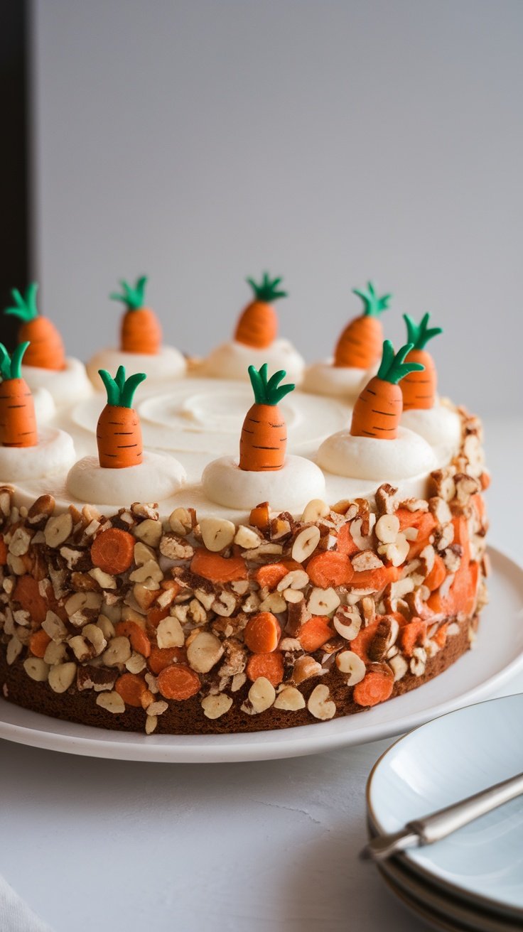 A delicious nutty carrot cake decorated with small carrot-shaped toppings.