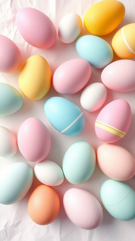 An assortment of pastel-colored Easter eggs in various sizes.