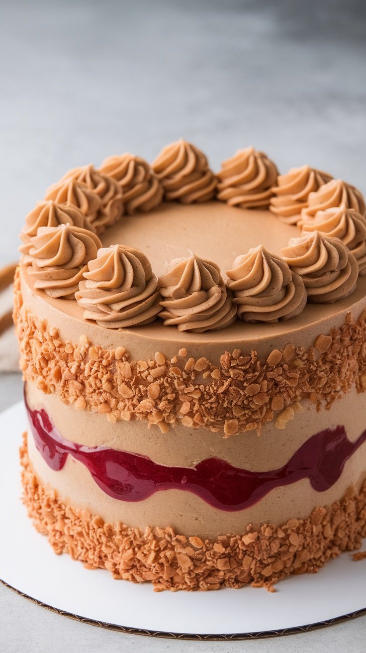Layered peanut butter and jelly cake with frosting and jelly filling