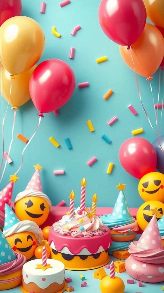 Colorful birthday scene with balloons, cake, and playful emoji decorations