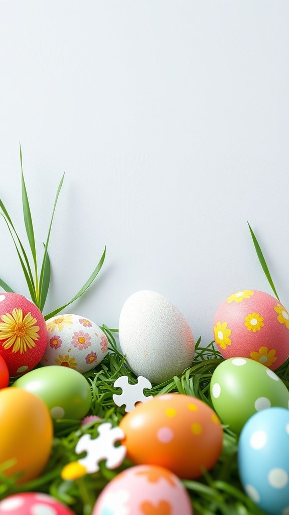 Colorful Easter eggs in grass with a puzzle piece