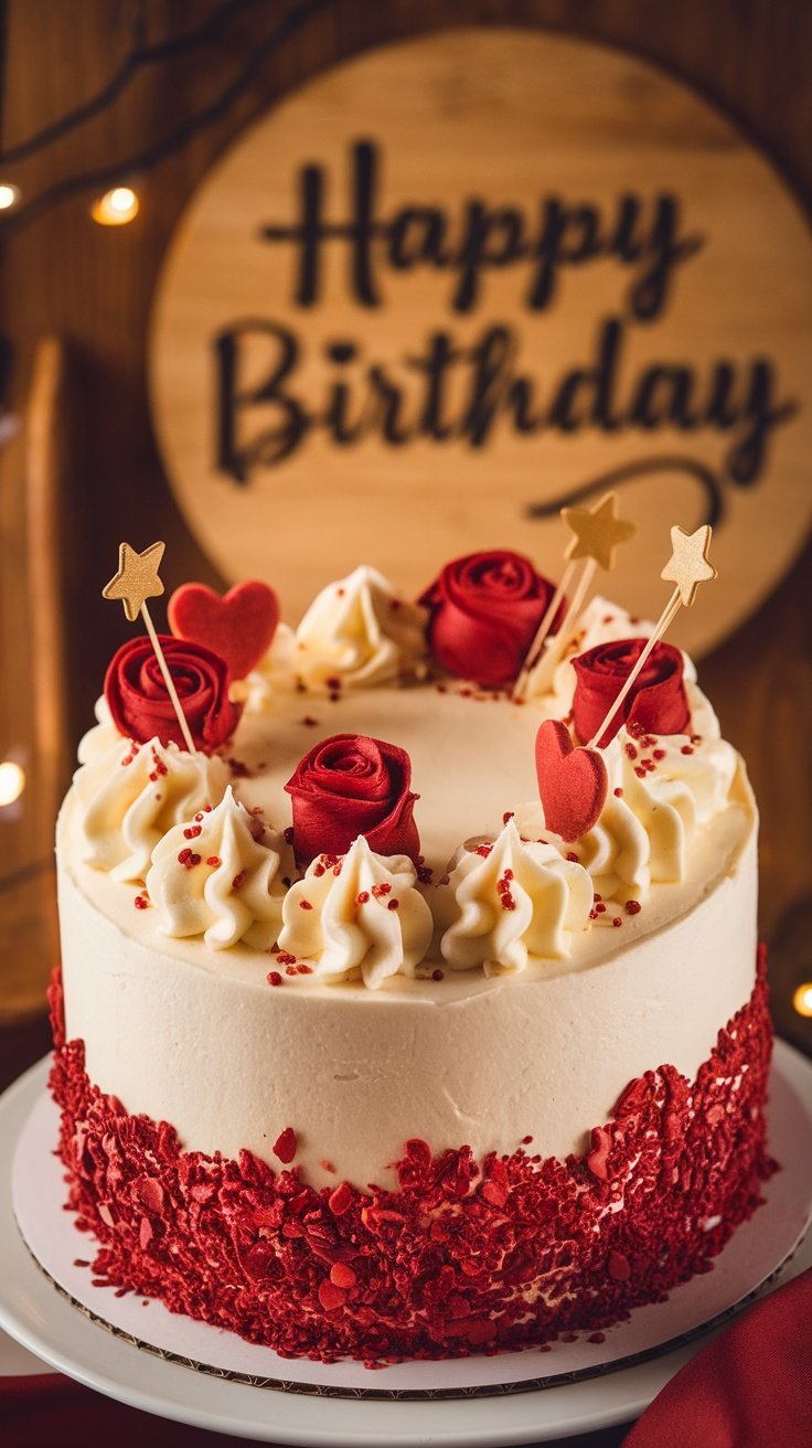 A beautifully decorated red velvet birthday cake with cream cheese frosting and festive toppers.