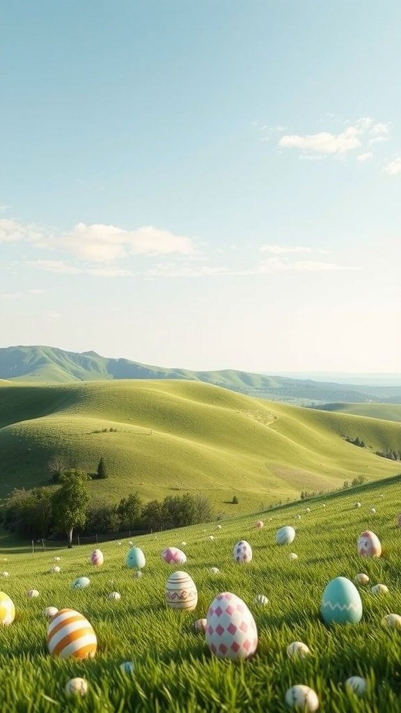 A peaceful landscape featuring rolling green hills and colorful Easter eggs scattered across a grassy field under a blue sky.