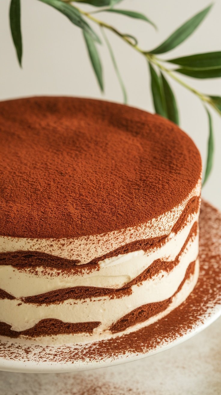 Rich Tiramisu Cake with layers of coffee-soaked sponge and creamy mascarpone.