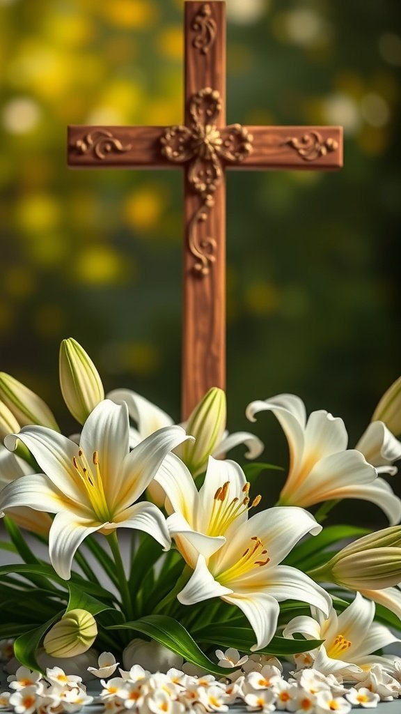 A wooden cross with intricately carved details, surrounded by white lilies and delicate petals.
