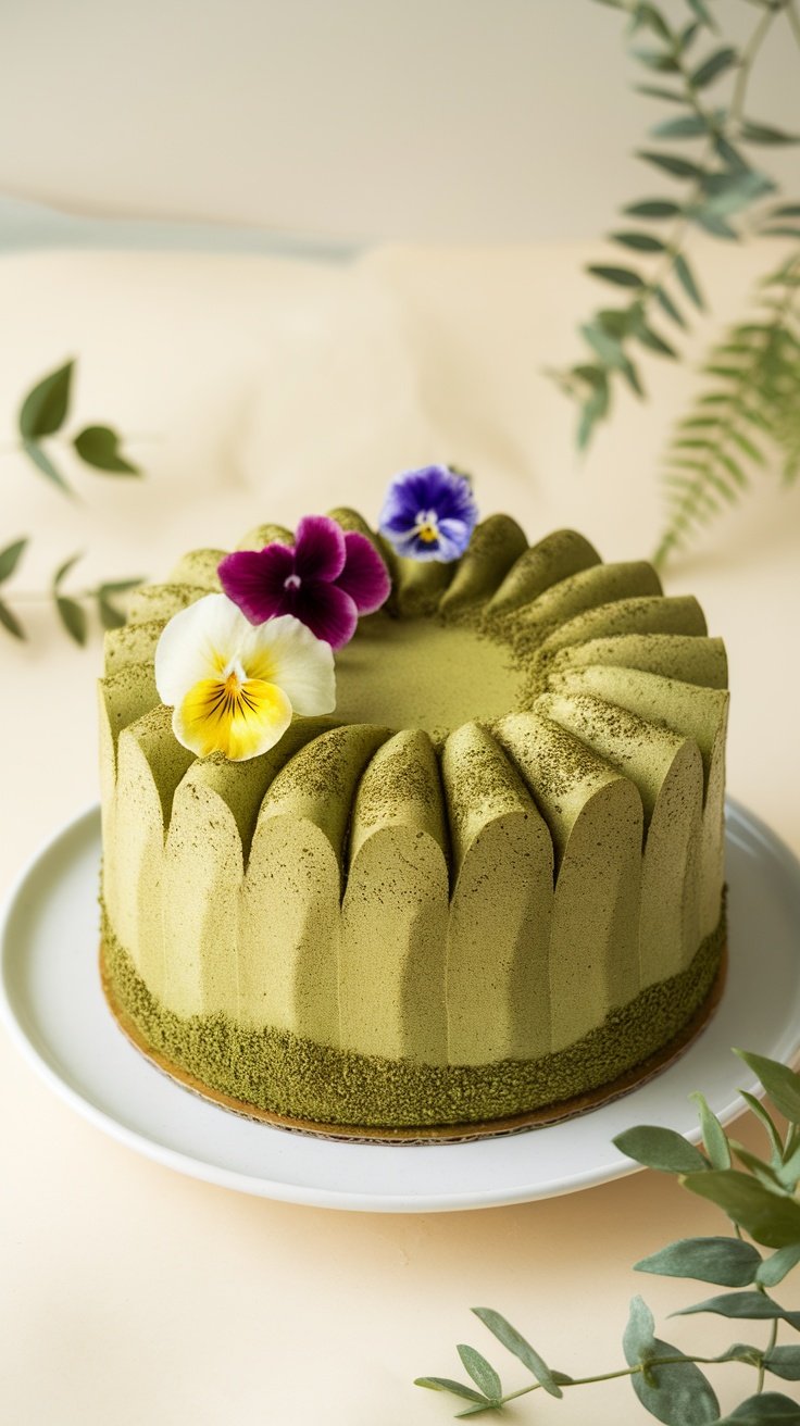 A beautifully decorated matcha green tea cake topped with edible flowers. birthday cakes for women 