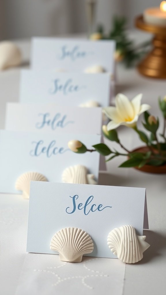 Seashell blue place cards elegantly displayed on a table.