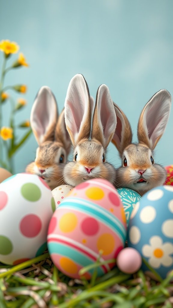 Three cute bunnies among colorful Easter eggs in a grassy setting.