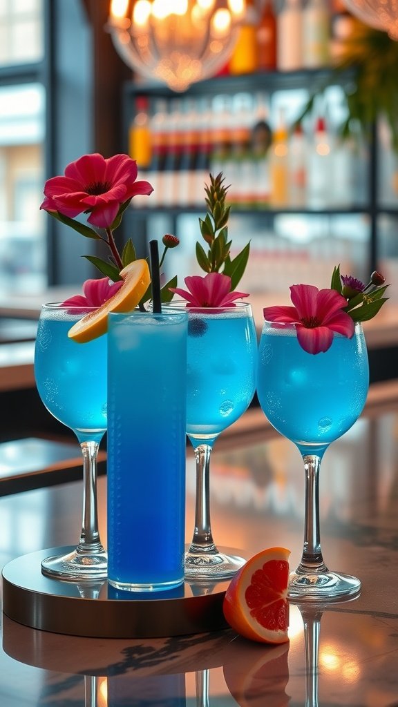 A selection of sky blue cocktails with floral garnishes at a cocktail bar.