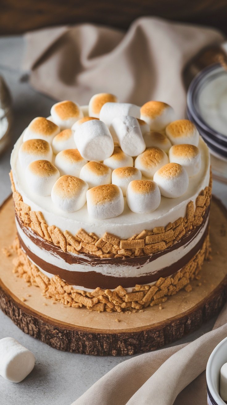 A beautifully layered S'mores birthday cake topped with toasted marshmallows and crushed graham crackers.