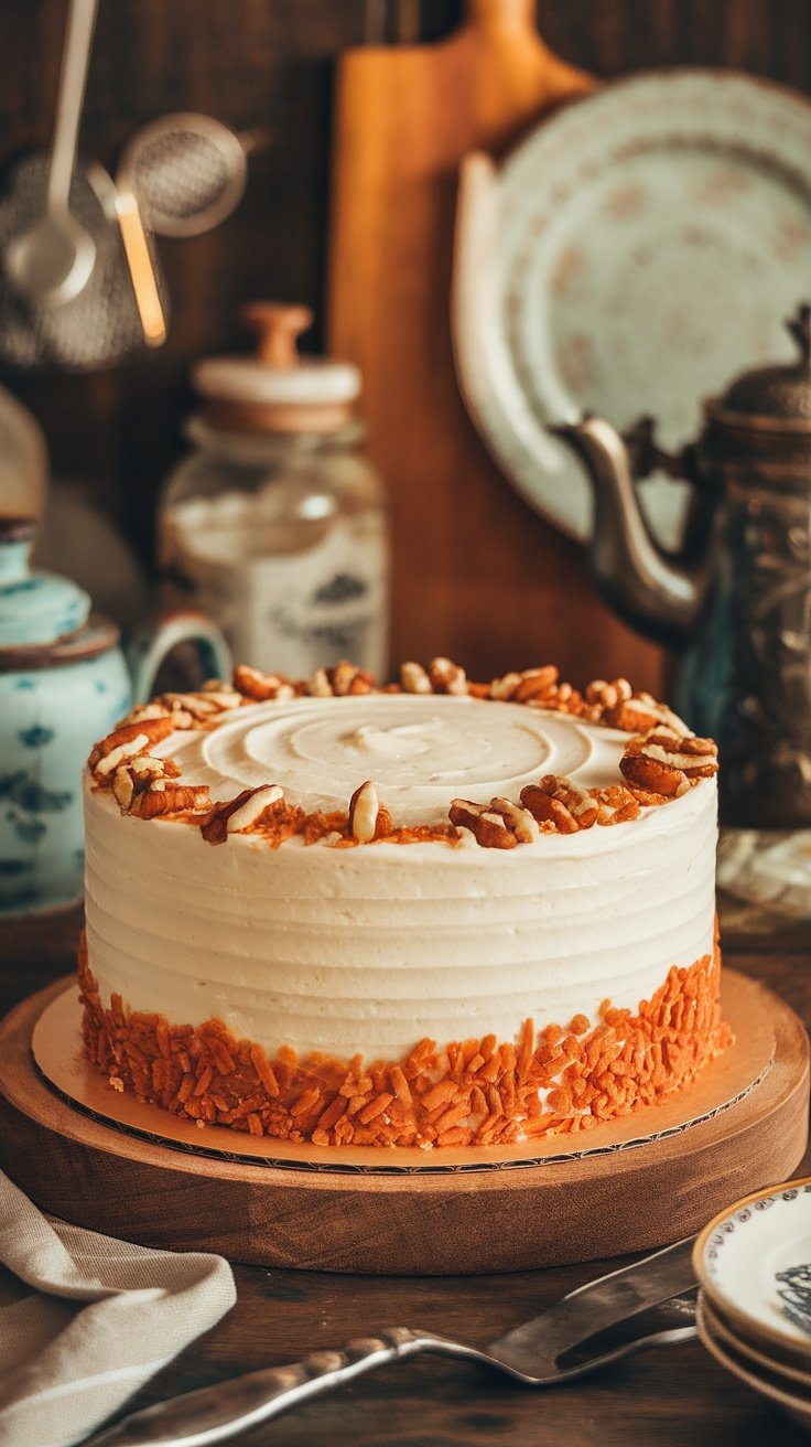 Delicious spiced carrot cake with cream cheese frosting and walnuts on top.