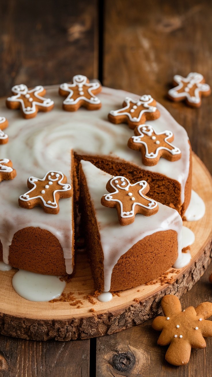 A sliced ginger cake decorated with small gingerbread men on top.