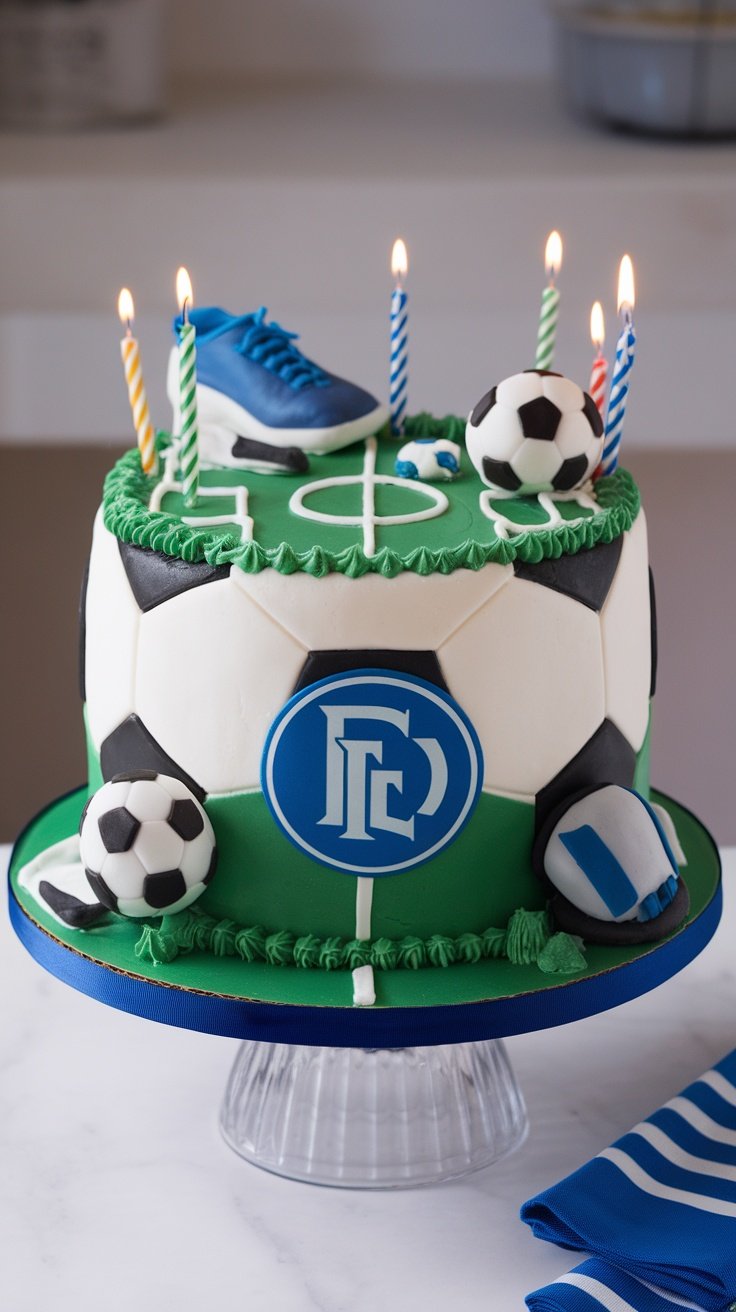 A decorated cake featuring a sports theme with soccer elements and team colors.