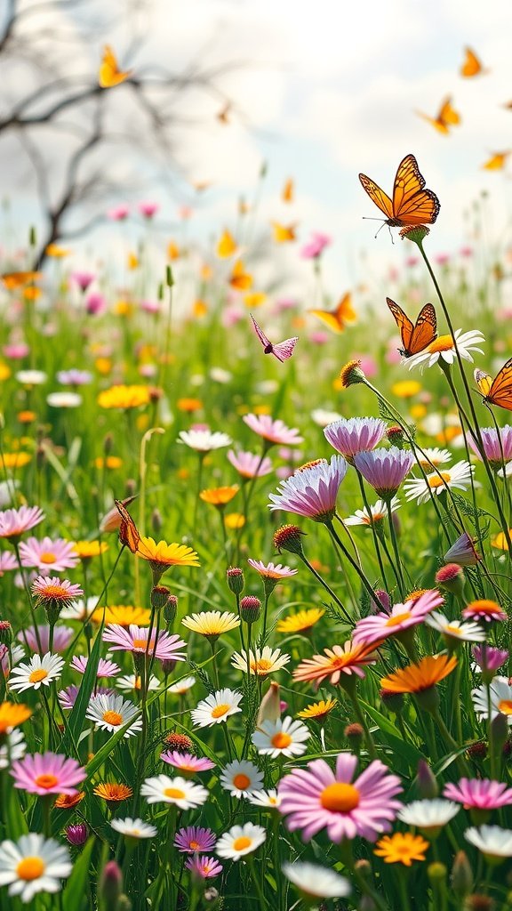 A colorful spring meadow filled with blooming flowers and butterflies.