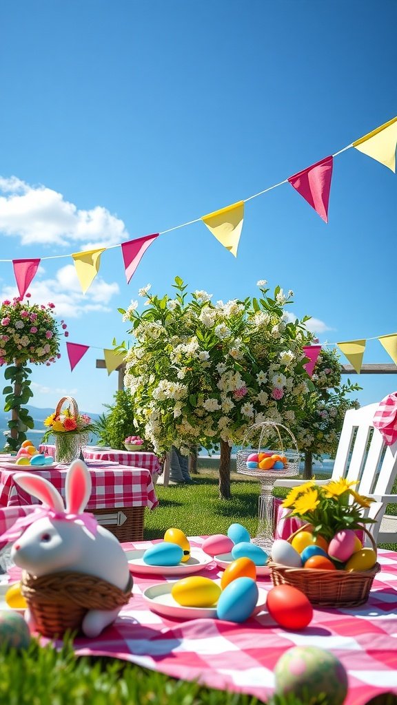 A sunny Easter picnic setup with colorful decorations, painted eggs, and a checkered tablecloth.