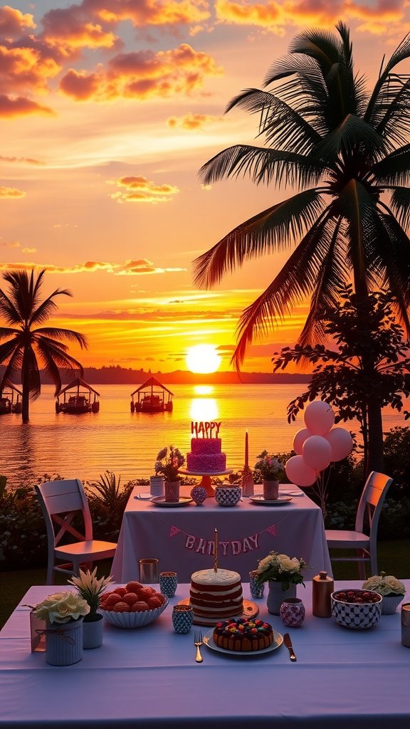 A beautifully set table for a sunset birthday celebration with cake, balloons, and a scenic view.
