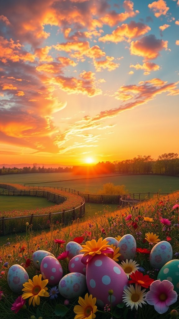 Sunset over a field with colorful Easter eggs and flowers