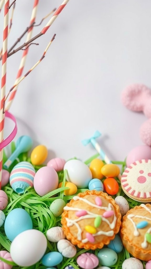 A colorful assortment of Easter treats including decorated cookies, pastel eggs, and candy on green grass.