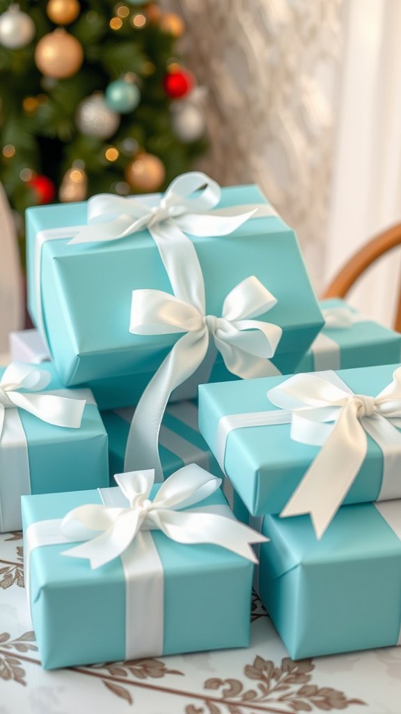 A collection of Tiffany blue wrapped gifts with white ribbons on a table.