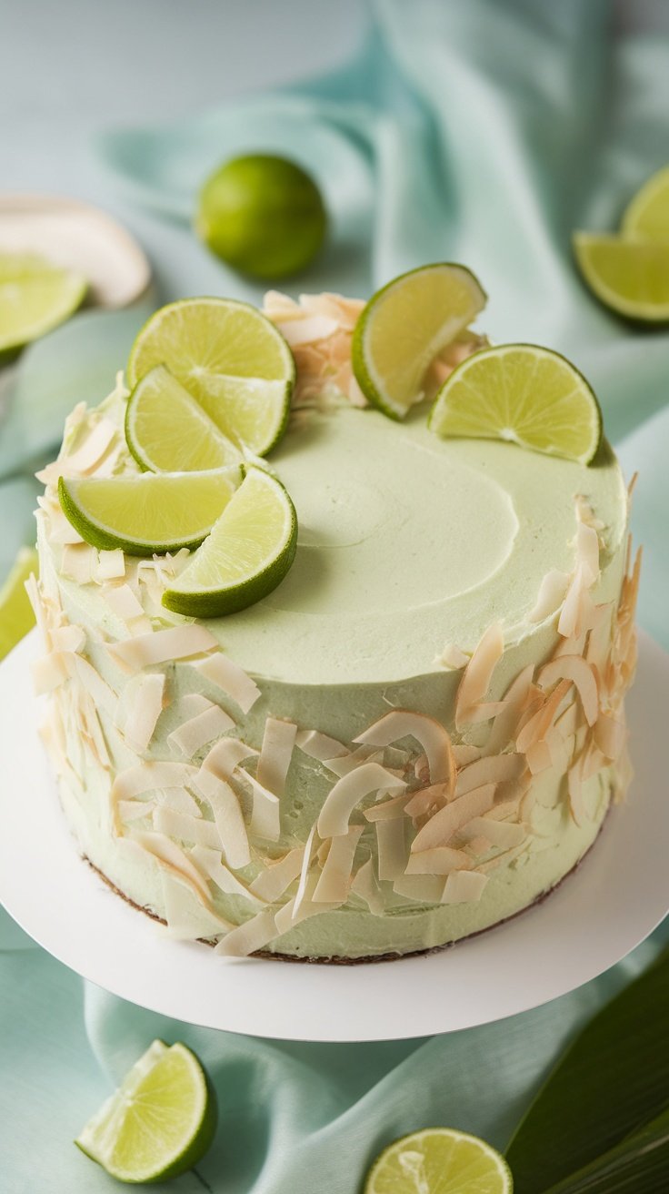 A beautifully decorated Tropical Coconut Lime Cake topped with lime slices and coconut shavings.