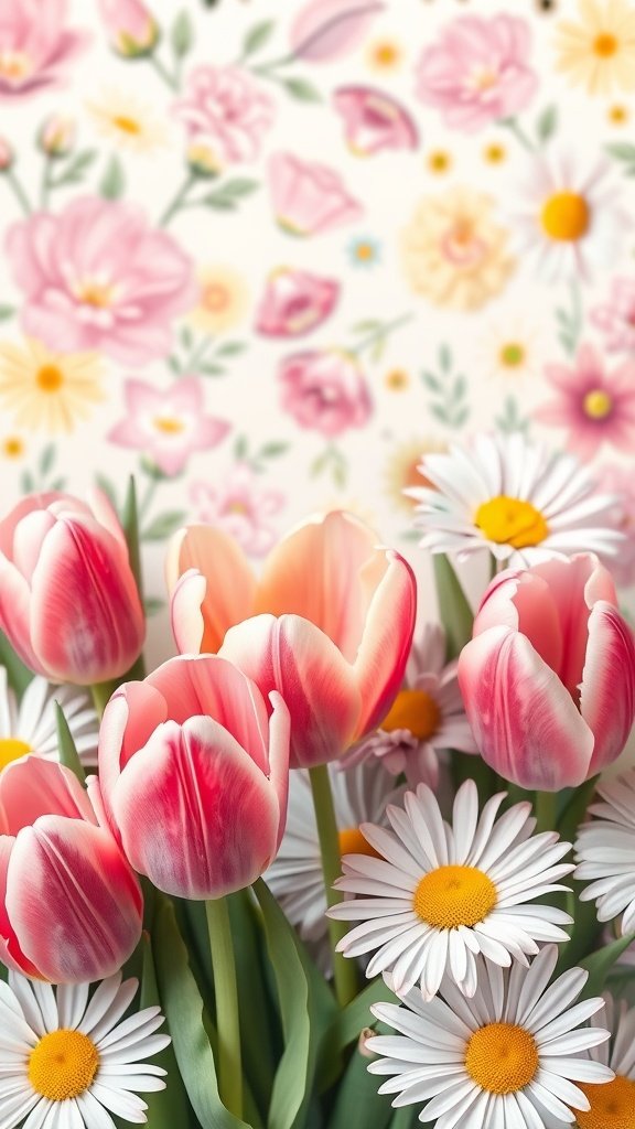 A bouquet of pink tulips and white daisies in front of a floral patterned background.