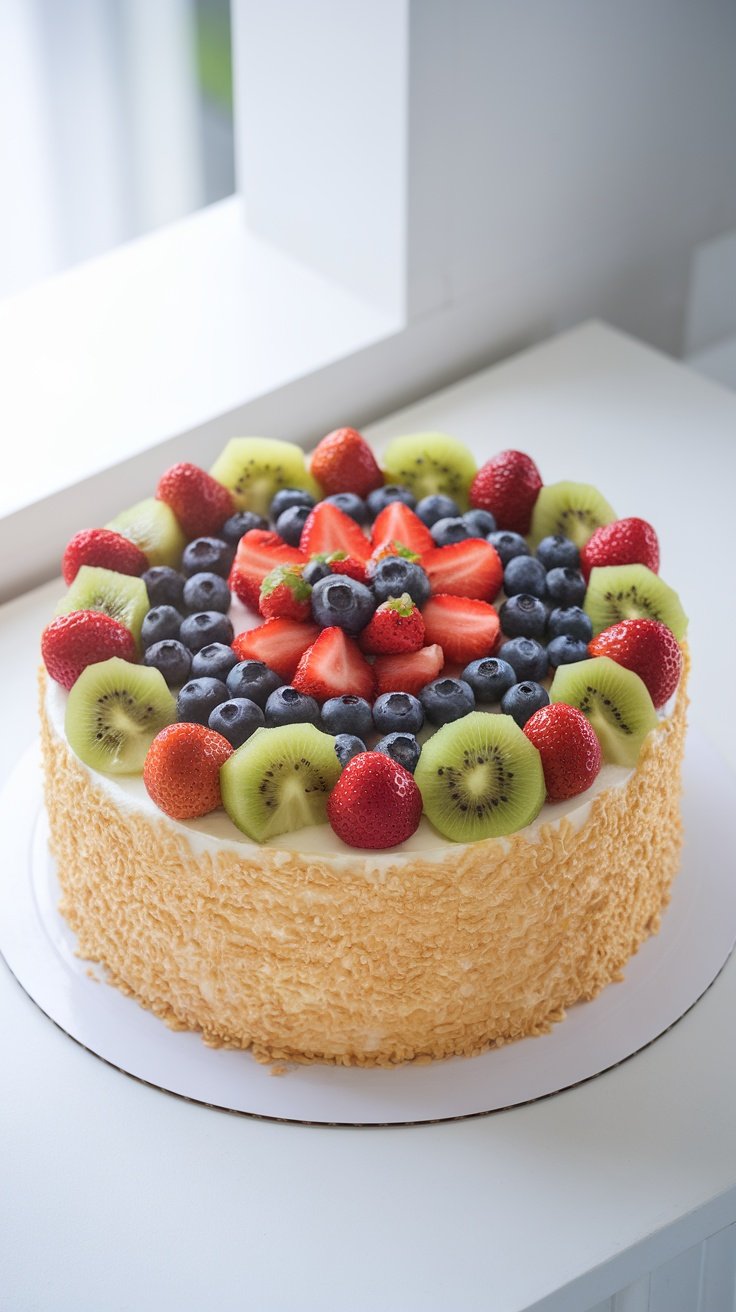 A vibrant fruit-topped vanilla cake decorated with strawberries, blueberries, and kiwi. birthday cakes for women 