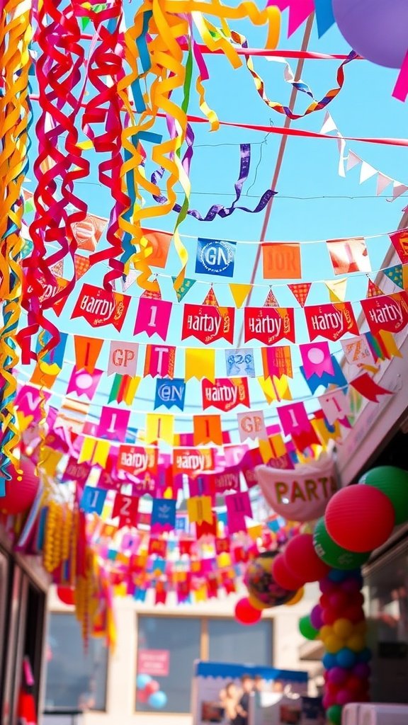 A vibrant display of party decorations with colorful banners and streamers.