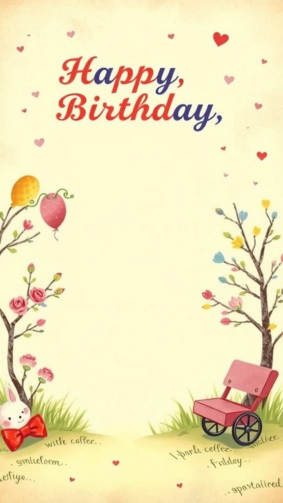 A vintage birthday card with a cute bunny and colorful balloons.