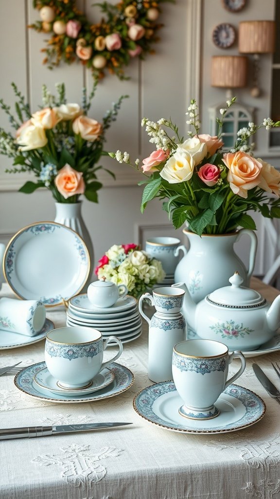 A beautifully arranged table featuring vintage blue china settings with floral decorations. something blue bridal shower ideas