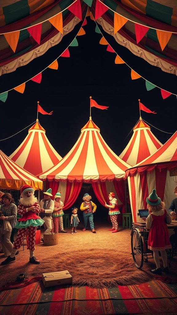Vintage circus scene with colorful tents and clowns