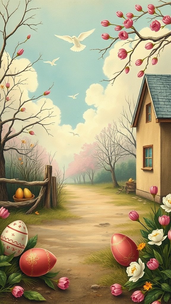 A vintage Easter scene featuring a pathway, blooming flowers, decorated eggs, and doves in the sky.